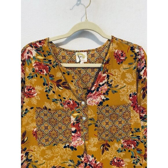 Fig And Flower Anthropologie Top Womens XL Yellow Red Floral Tunic Tie Cuff Boho - Picture 2 of 8